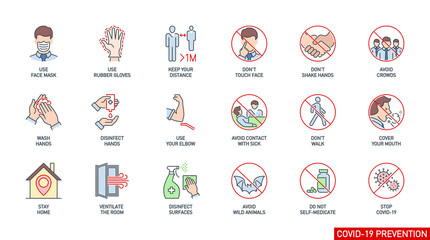 Prevention line icons set isolated on white. outline symbols Coronavirus Covid 19 pandemic banner. Quality design elements mask, gloves, distance, wash disinfect hands, stay home with editable Stroke