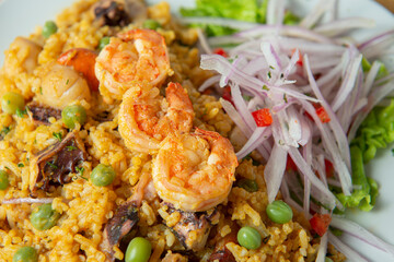 Peruvian food, seafood rice. Close up.