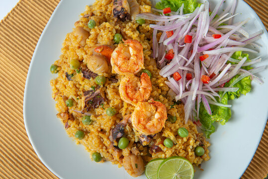 Peruvian food, seafood rice. Top view.