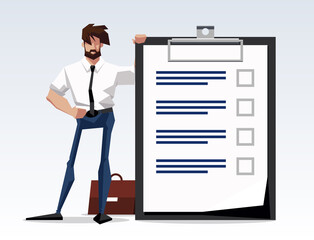 flat design illustration goal achieved character businessman standing with a big clipboard paper with to-do list. Flat design banner isolated on white background mission accomplished