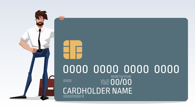 Happy man, successful businessman or handsome manager smiling with plastic credit bank card in stylish formal suit, shirt and tie on white background. Economy, credit, ecash and banking, copy space
