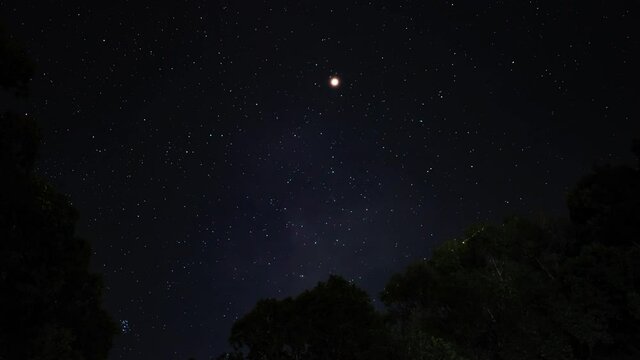 Starry night in mountains Time lapse. Milky way galaxy stars moving over countryside traffic