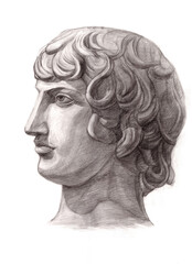 Fine art. Head of the David. Face. Academic Professional Drawing. Original Artwork. Graphite on Paper. Wall art. Greek mythology and history. Ancient world culture.