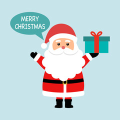 Merry Christmas concept vector illustration. Santa Claus holding Xmas gift. Design for web, banner, poster, greeting card.