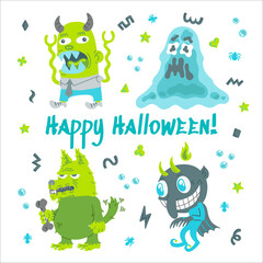 Obraz premium Monster Cartoon Character set. Hand drawn vector illustration with Beast, Slime Slug, Wolf, Devil and small patterns. Mystery, All Saints Day concept for Mystery party, posters, greeting cards