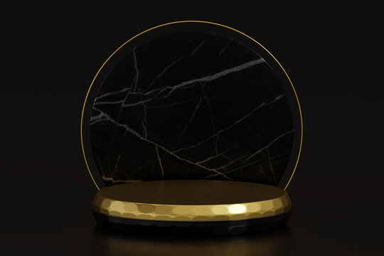 Black Marble Product Display Podium With Gold Circle Shape On Black Background. 3D Rendering