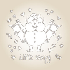 Halloween Doodle Character Cute Little Chubby Vampire. Hand-drawn vector illustration with a Creature with Fangs and Wings and small patterns. For Coloring Book, posters, greeting cards