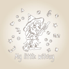 Halloween Doodle Character cute Witch with a broom for Coloring Book. Handdrawn vector illustration with a woman and small patterns. Mystery concept of All Saints Day, posters, greeting cards