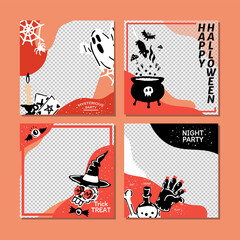 Happy Halloween Magic Social Media banner with Copyspace template set with magical elements. Pumpkin, potion, candle, Ghost, skull, magic hat. Poster, banner, offer with empty part for night party