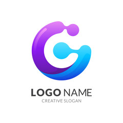 letter G water logo, letter G and water, combination logo with 3d blue and purple color style