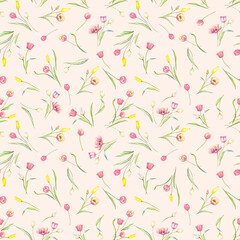 Beautiful seamless pattern with watercolor gentle blooming tulip flowers. Stock illustration.