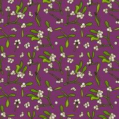 Mistletoe. Floral seamless pattern. Christmas mistletoe or Kisses Branch. Design for fabric, textile, wallpaper, packaging.	