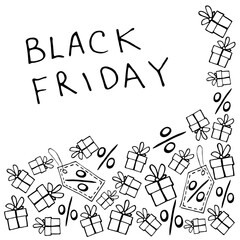 Vector poster, title, frame on theme of black Friday, shopping, discounts and sales. Border made from hand drawn outline gifts, percents, price tags in doodle style