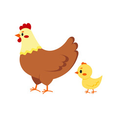 Hen and chick icon set isolated on white background. Cute farm birds family flat design cartoon style vector illustration. Funny poultry chicken family.