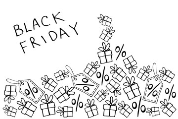 Vector poster, title, frame on theme of black Friday, shopping, discounts and sales. Border made from hand drawn outline gifts, percents, price tags in doodle style