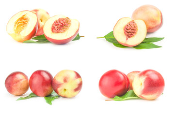 Collage of fresh peaches fruits isolated on a white background cutout