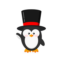 Cute penguin boy in black hat isolated on white background. Elegant clothes baby penguin in a black top hat stand in hi position. Flat funny holiday character vector illustration. 
