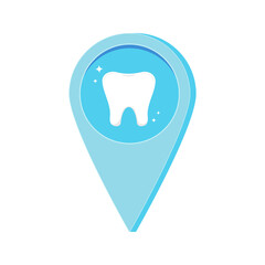 Dental location map pin with tooth inside isolated on white background. Dentist infoghraphic pointer - blue marker of doctor or hospital position navigation. Flat cartoon design vector illustration.
