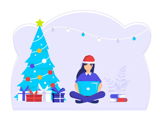 Women sit and finish errands at work at Christmas. job well done and successful. modern vector illustration.