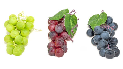 Bunch of Black and Red Grape with Green Seedless Grape isolated on white background.