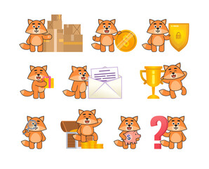 Fox mascot in various situations. Cute fox holding magnifier, standing near big key, parcel boxes, letter, question mark and showing other actions. Vector illustration bundle