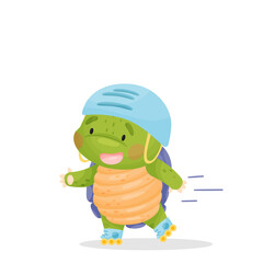 Cute cartoon character. A green turtle with a purple shell and a yellow belly rides on rollers. Blue helmet on his head and blows the wind. Isolated vector illustrations on white background.