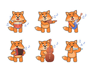 Set of cute fox mascots playing on various musical instruments. Chibi fox playing on drum, violin, guitar, accordion, flute, double bass. Vector illustration bundle