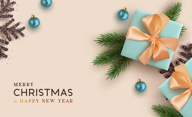 Christmas background. Realistic design with 3d Xmas decoration objects, gift box, fir branches, bauble balls, black shiny snowflake. Flatlay top view composition. Greeting card, banner, poster.