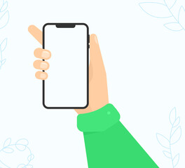 Holding phone in hand, mobile phone, vector for websites.	
