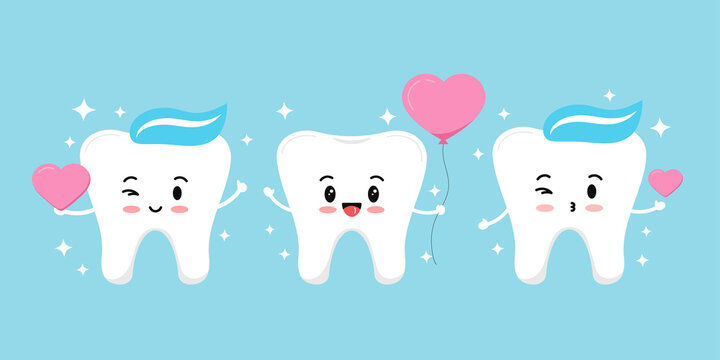 Teeth with heart and sparkles vector dental love icon set. Flat design cartoon smiling tooth character in love for valentines day design illustration. Happy boy hold balloon heart in hand and air kiss