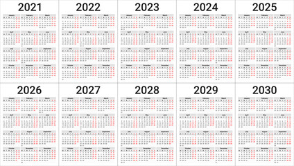 Calendar templates from 2021 to 2030. Vector tables 3х4 months. Week starts on Monday. Weekends - Saturday and Sunday are marked in red.
