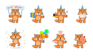 Set of cute fox characters showing various birthday party actions. Cheerful fox holding gift box, cake, balloons, banner, cupcake and other situations. Vector illustration bundle