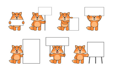 Set of cute fox characters posing with various blank banners. Advertise or promote concept. Vector illustration bundle