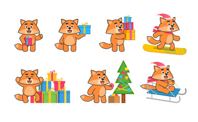 Christmas set of fox mascot characters in various situations. Cute fox holding gift box, snowboarding, riding sleigh and showing other actions. Vector illustration bundle