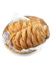 food photography of homemade sweet bun for breakfast side view. Baked bun made of yeast dough on white background close up