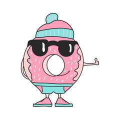 cool Donat in sunglasses. vector illustration.for stickers, postcards, t-shirt design, or tableware. A cartoon-style hand-drawn character.