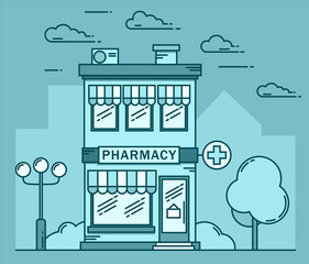 Pharmacy colored building line medicine concept. Architectural form can be used for website design, infographics. Vector illustration on blue background.