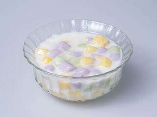 Dumplings in coconut cream (Bua Loi) on Thai silk, Dessert of Thailand.