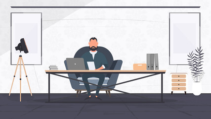 A businessman is working on a laptop in his office. Director's workplace. Laptop, documents, books, loft-style table. Vector.