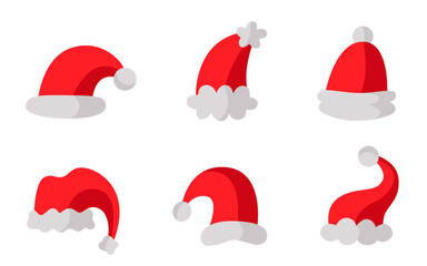 Set of Christmas Santa Claus caps. Vector illustrations on white background.