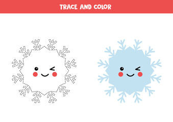 Trace and color cute kawaii snowflake. Handwriting practice for kids.