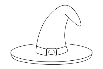 Witch hat. Sketch. Coloring book for children. Vector illustration. Buckle decoration. Outline on an isolated white background. Doodle style. Halloween symbol. Fabulous headdress. All Saints Day. 