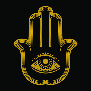 Illustration of a hamsa hand symbol. Hand of Fatima religious. Decorative gold pattern.