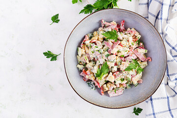 Trendy salad. Salad with ham, paprika, cucumber and cheese. Healthy food, ketogenic diet, diet lunch concept. Keto/Paleo diet menu. Top view, overhead