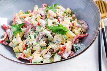 Trendy salad. Salad with ham, paprika, cucumber and cheese. Healthy food, ketogenic diet, diet lunch concept. Keto/Paleo diet menu.