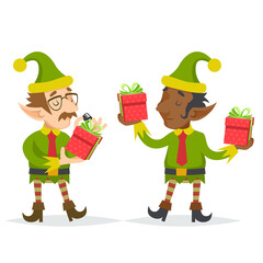 Elfs gift box christmass character quality check process retro cartoon design vector illustration