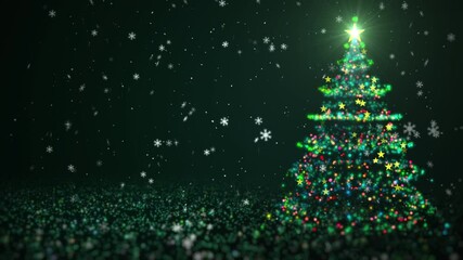 Rotating Christmas tree with shining light, falling snowflakes and stars. Christmas or New Year background Concept - Powered by Adobe