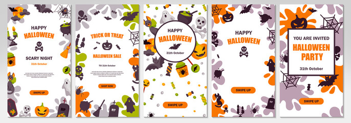 Pack of Halloween social media stories template. Space for text. Vector illustration