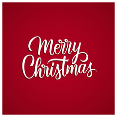 Merry Christmas greetings. Christmas holiday card with handwritten inscription on red background. Vector illustration.