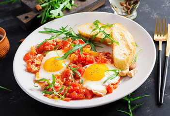 Late breakfast - fried eggs with vegetables. Shakshuka. Arabic cuisine. Kosher food.